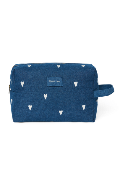 Denim Toiletry Bag | Dark Blue White Hearts