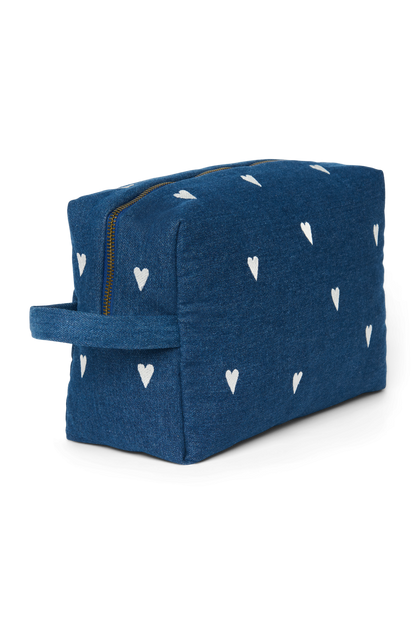 Denim Toiletry Bag | Dark Blue White Hearts