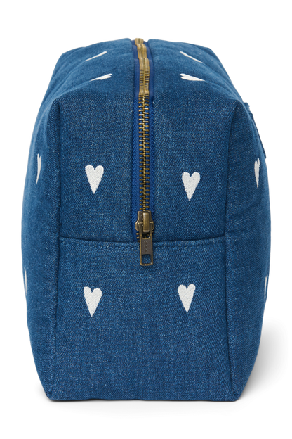 Denim Toiletry Bag | Dark Blue White Hearts
