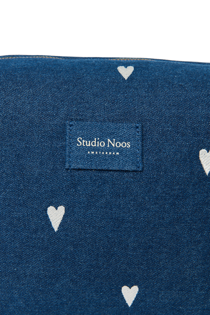 Denim Toiletry Bag | Dark Blue White Hearts