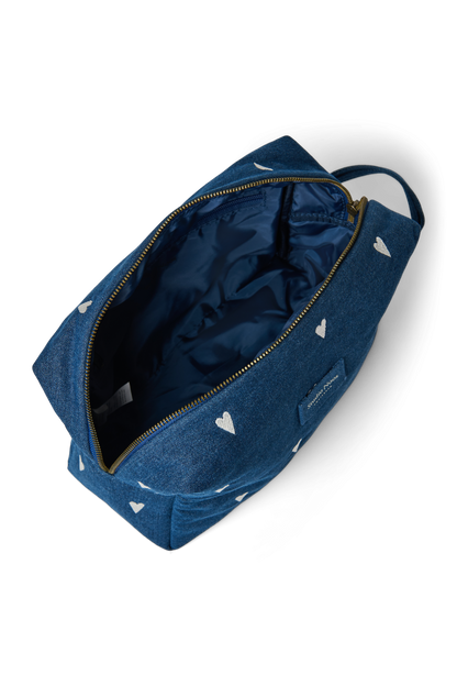 Denim Toiletry Bag | Dark Blue White Hearts