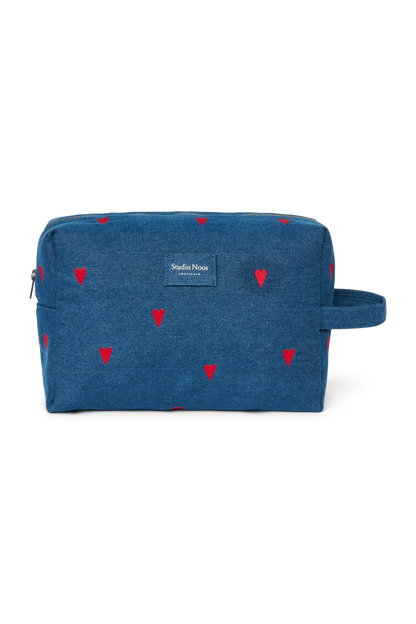Denim Toiletry Bag | Dark Blue Red Hearts