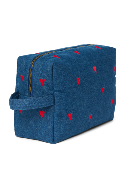 Denim Toiletry Bag | Dark Blue Red Hearts