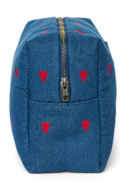 Denim Toiletry Bag | Dark Blue Red Hearts