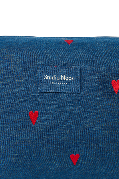 Denim Toiletry Bag | Dark Blue Red Hearts