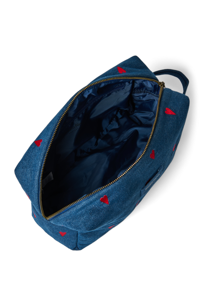 Denim Toiletry Bag | Dark Blue Red Hearts