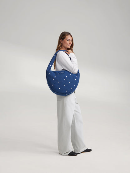 Denim Cross Body Bag | Dark Blue White Hearts
