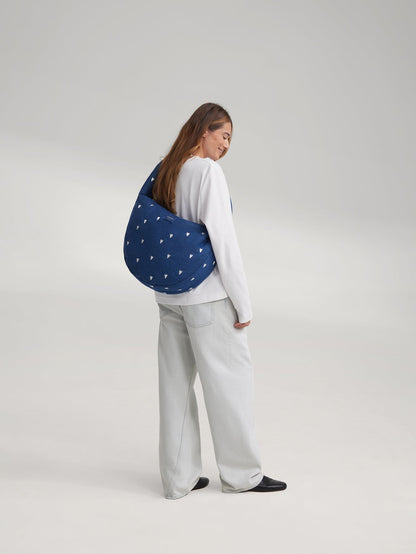 Denim Cross Body Bag | Dark Blue White Hearts