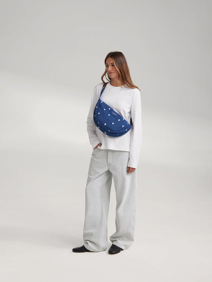 Denim Adult Fanny Pack | Dark Blue White Hearts