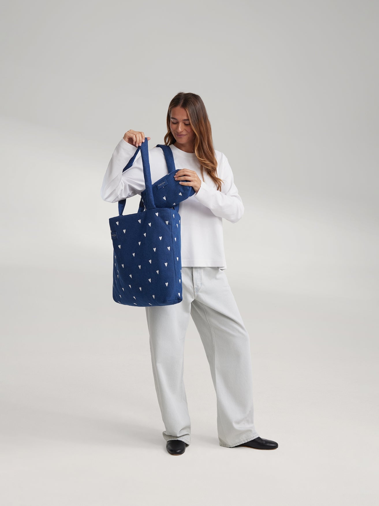Denim Pouch | Dark Blue White Hearts
