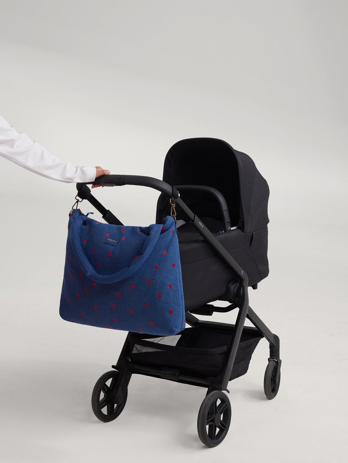 Denim Diaper Bag | Dark Blue Red Hearts