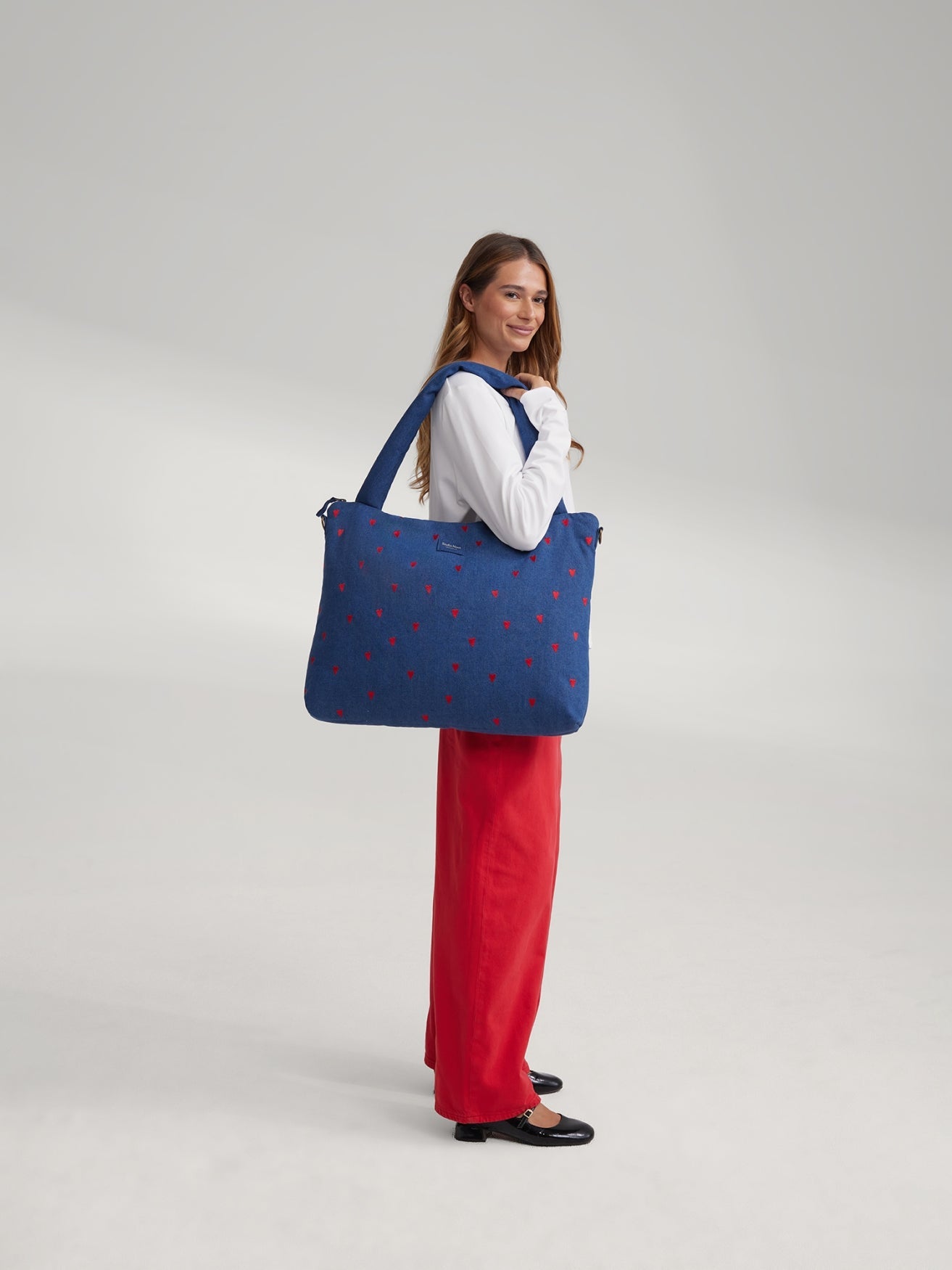 Denim Diaper Bag | Dark Blue Red Hearts