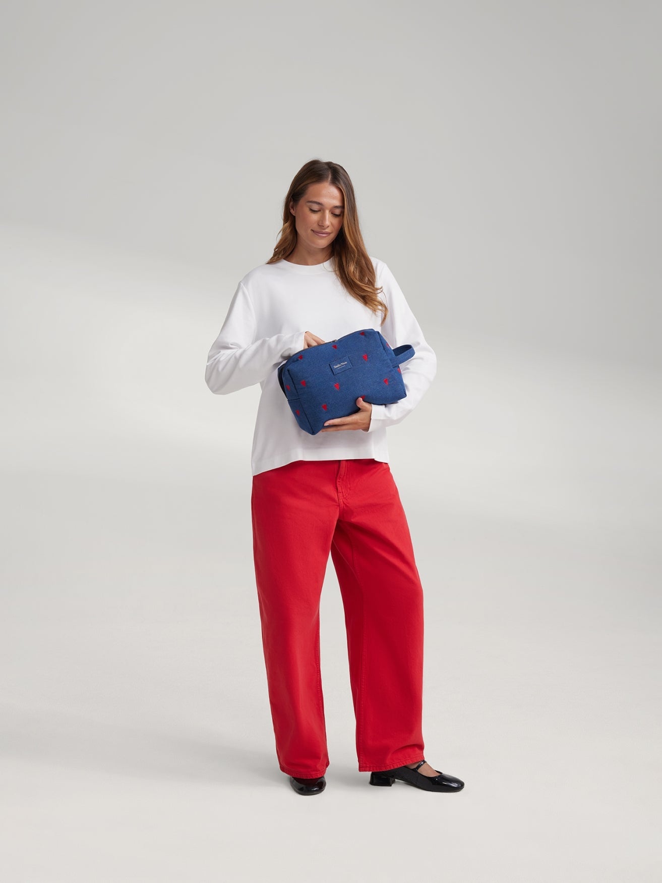 Denim Toiletry Bag | Dark Blue Red Hearts