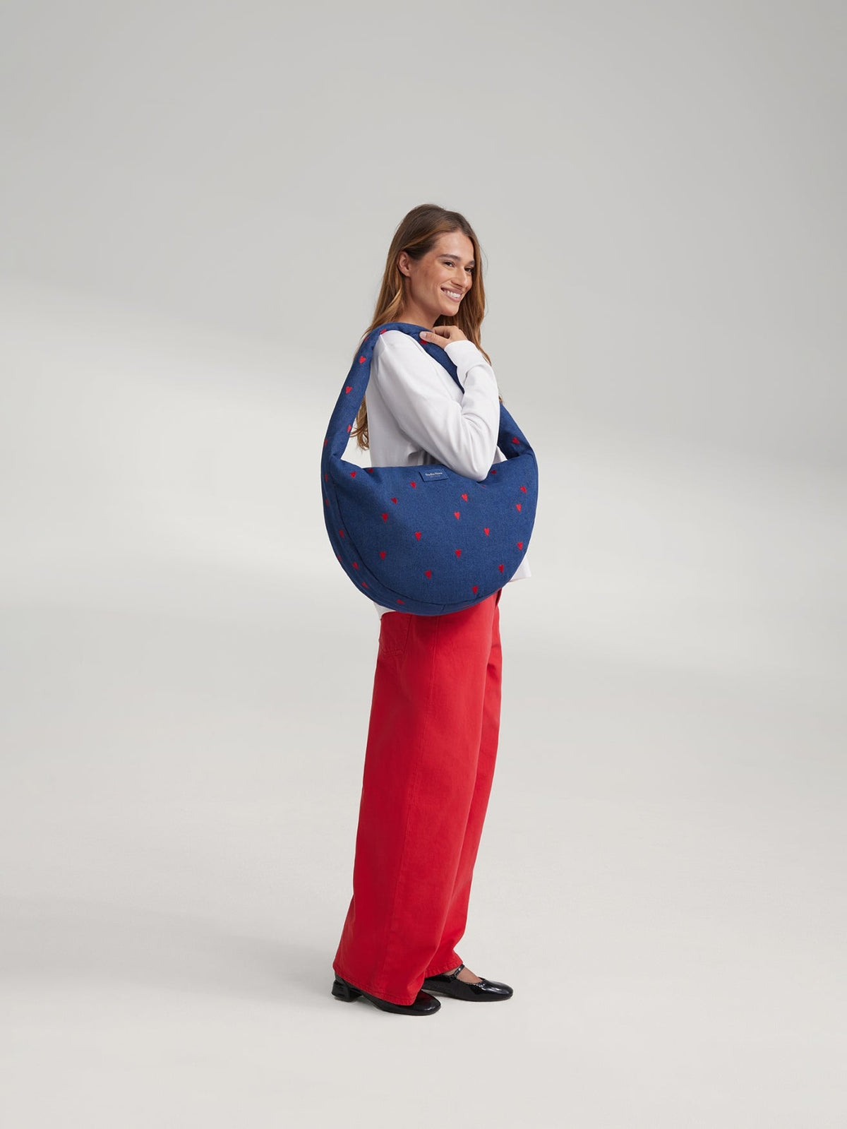 Denim Cross Body Bag | Dark Blue Red Hearts