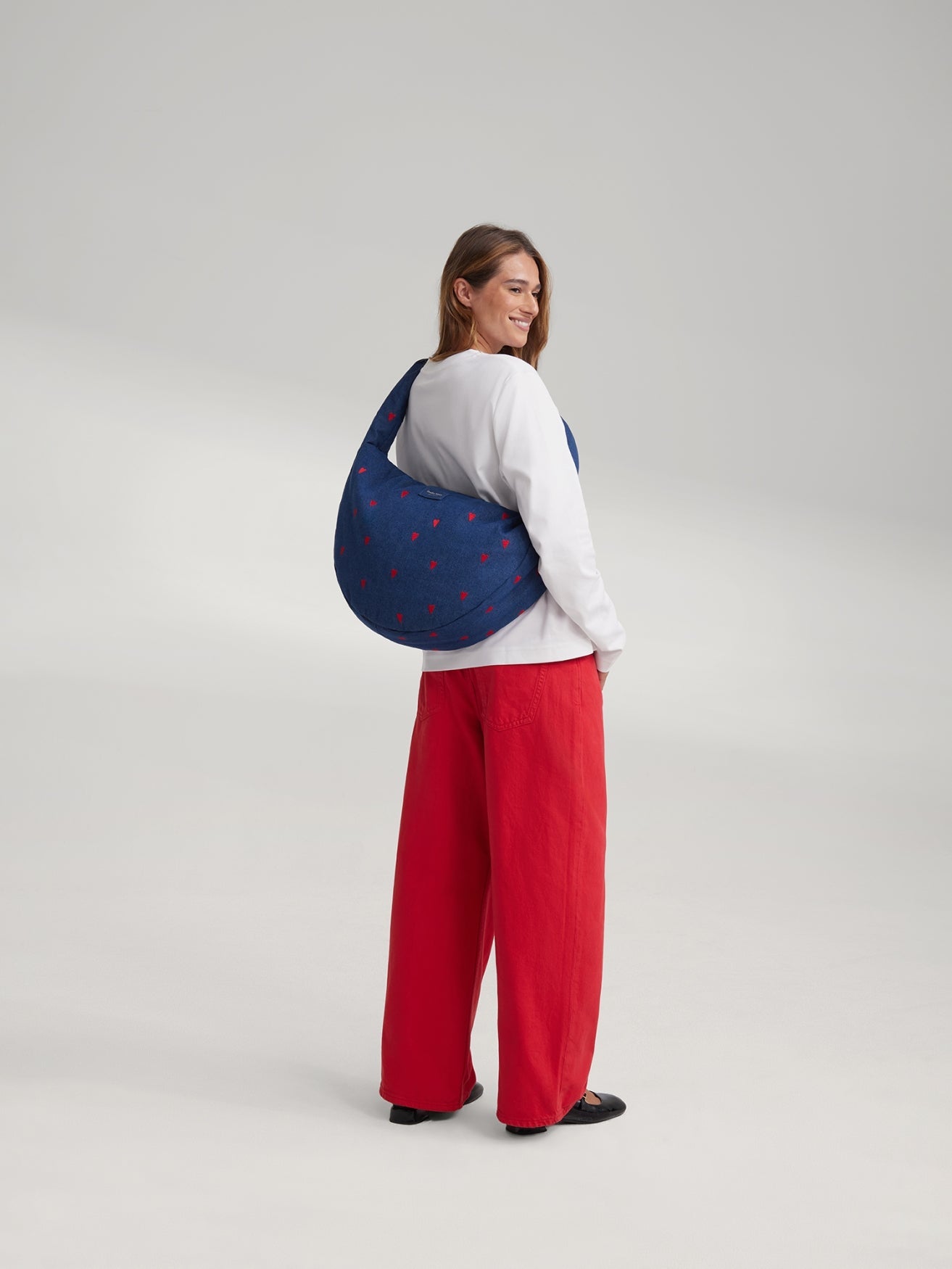 Denim Cross Body Bag | Dark Blue Red Hearts