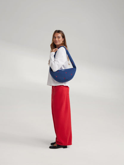 Denim Mini Cross Body Bag | Dark Blue Red Hearts