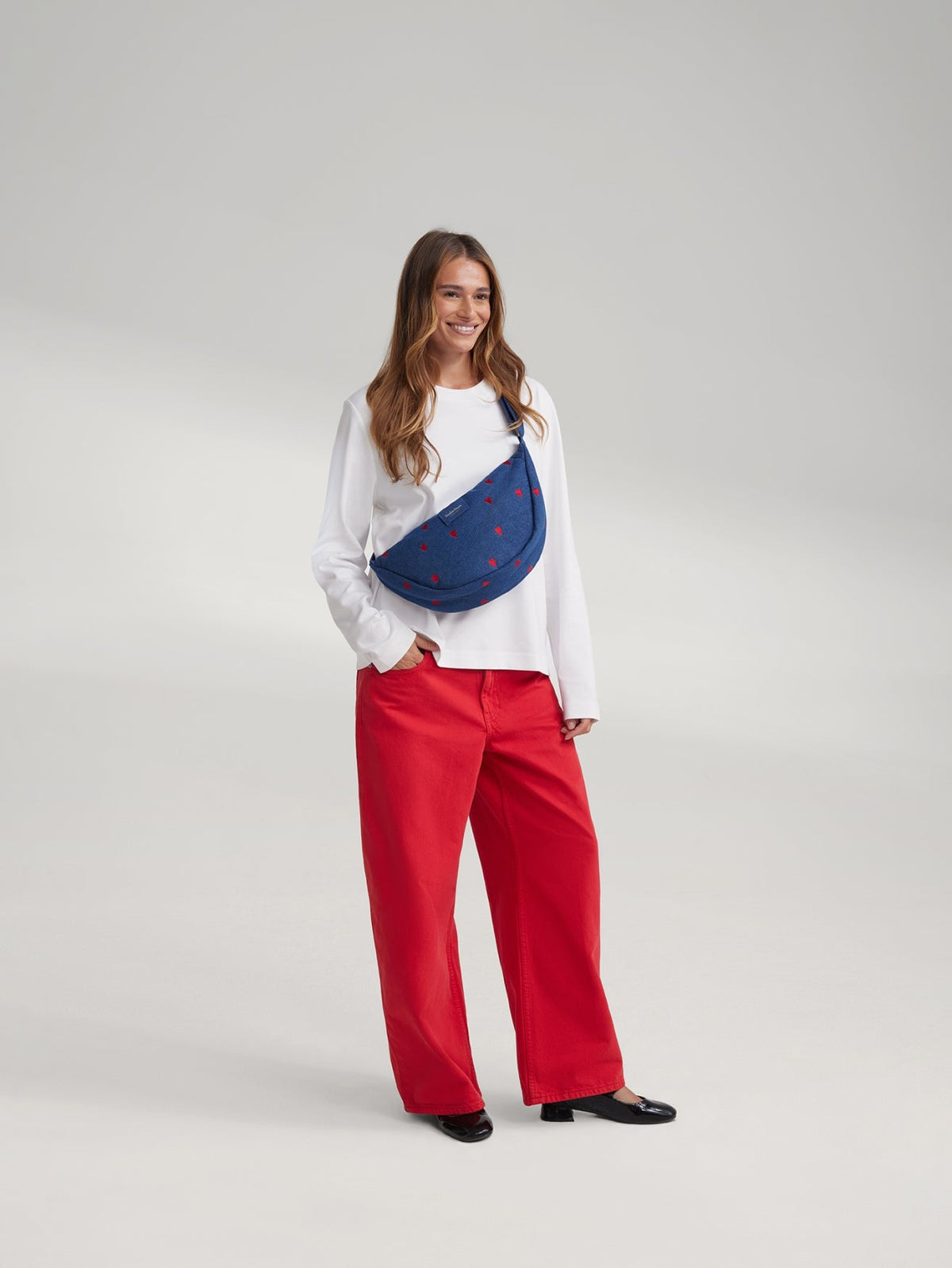 Denim Adult Fanny Pack | Dark Blue Red Hearts