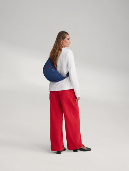 Denim Adult Fanny Pack | Dark Blue Red Hearts