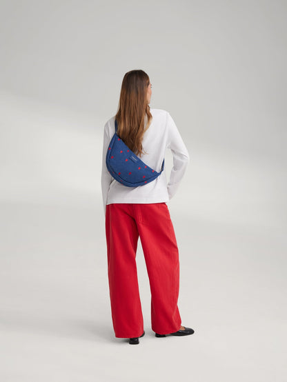 Denim Adult Fanny Pack | Dark Blue Red Hearts