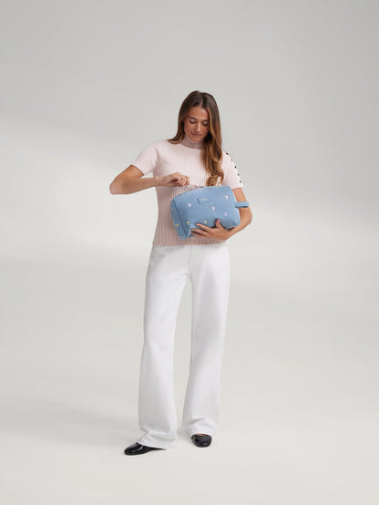 Denim Toiletry Bag | Light Blue Hearts