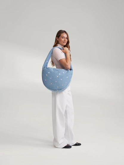 Denim Cross Body Bag | Light Blue Hearts