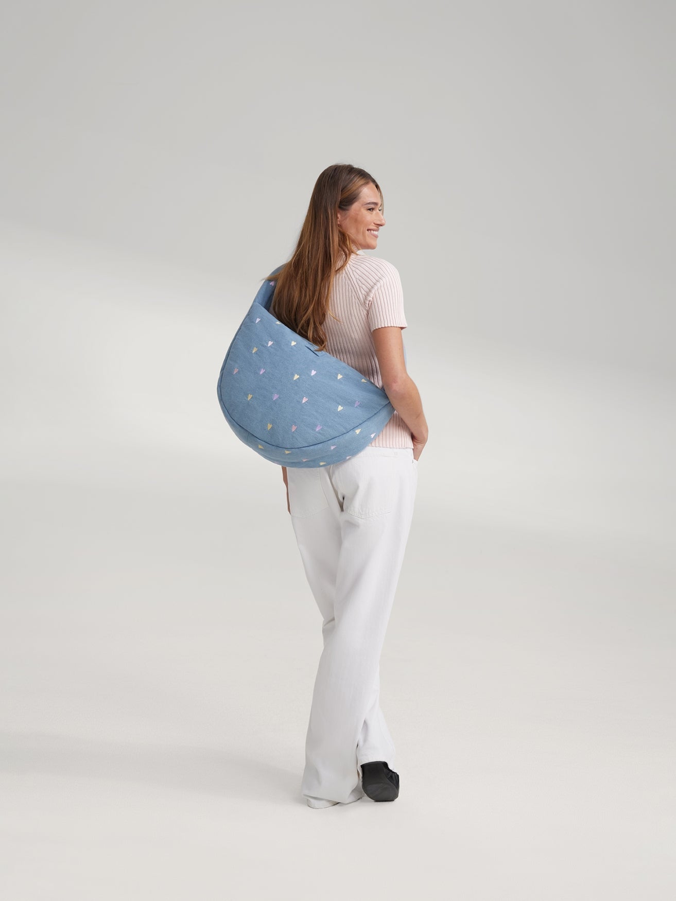 Denim Cross Body Bag | Light Blue Hearts