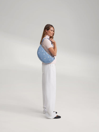 Denim Adult Fanny Pack | Light Blue Hearts