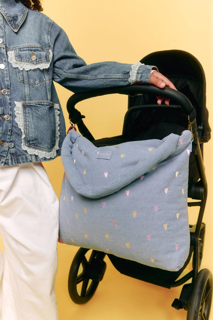 Denim Diaper Bag | Light Blue Hearts