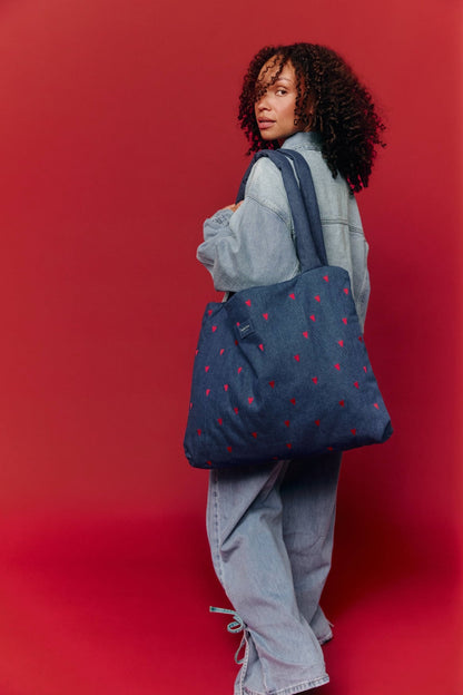 Denim Mom Bag | Dark Blue Red Hearts