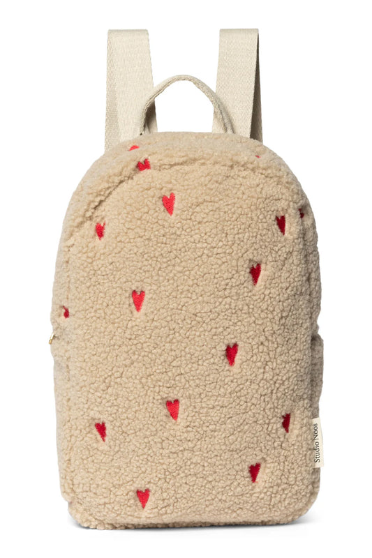 Ecrufarbener Teddy-Mini-Rucksack mit Herzen