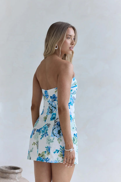 Rose Drift Trägerloses Minikleid Blau