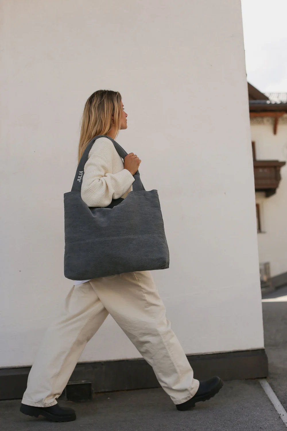 Grey Hearts Denim Mom Bag