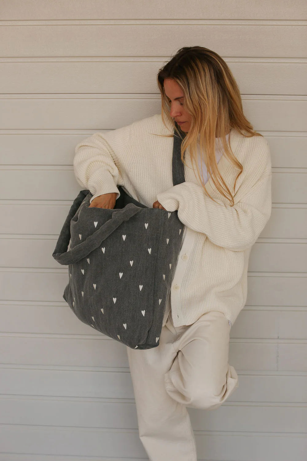 Grey Hearts Denim Mom Bag