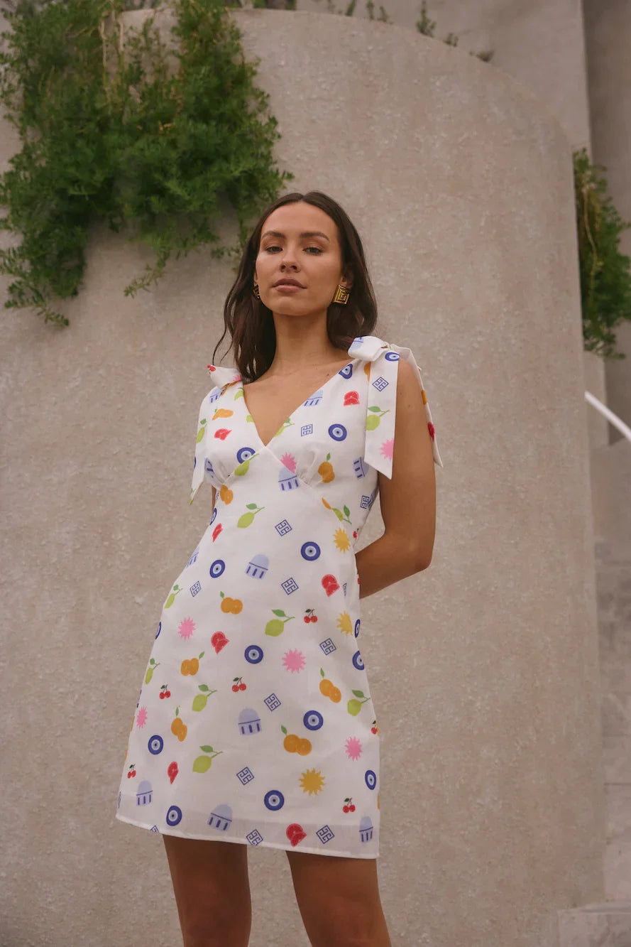 FORTUNATE ONE On Vacay Mini Dress Santorini Print