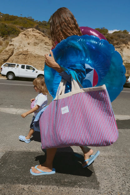 Poplin Striped Beach Bag | Raspberry